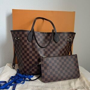 LOUIS VUITTON Neverfull MM Damier Ebene Red Interior Handbag / Pouch